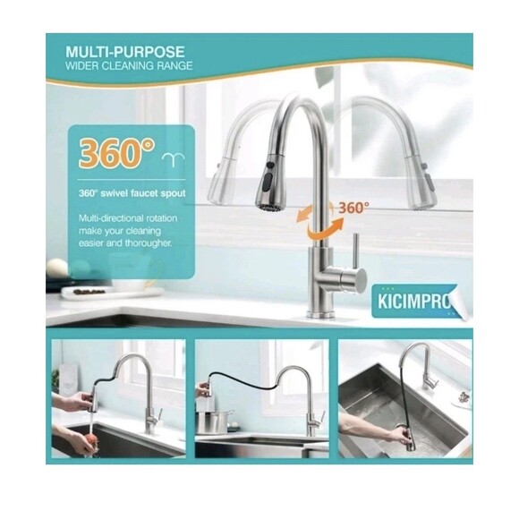 NEW Kicimpro Kitchen Faucet Pull Down Sprayer Single Handle Brushed Nickel - Picture 7 of 16